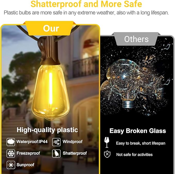 LAMPHOME 4-Pack 26Ft ST38 Outdoor String Lights, Warm Yellow Edison LED Patio Lights with 12+1 Shatterproof Bulbs, Waterproof for Bistro Christmas Party Garden Decor