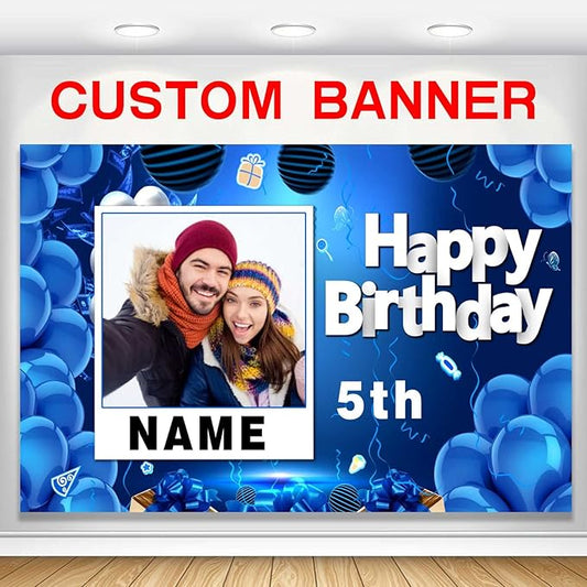 Custom Navy Blue and Gold Happy Birthday Sign Birthday Party Decorations Supplies Personalized Navy Blue Backdrop Banner (6x9ft)