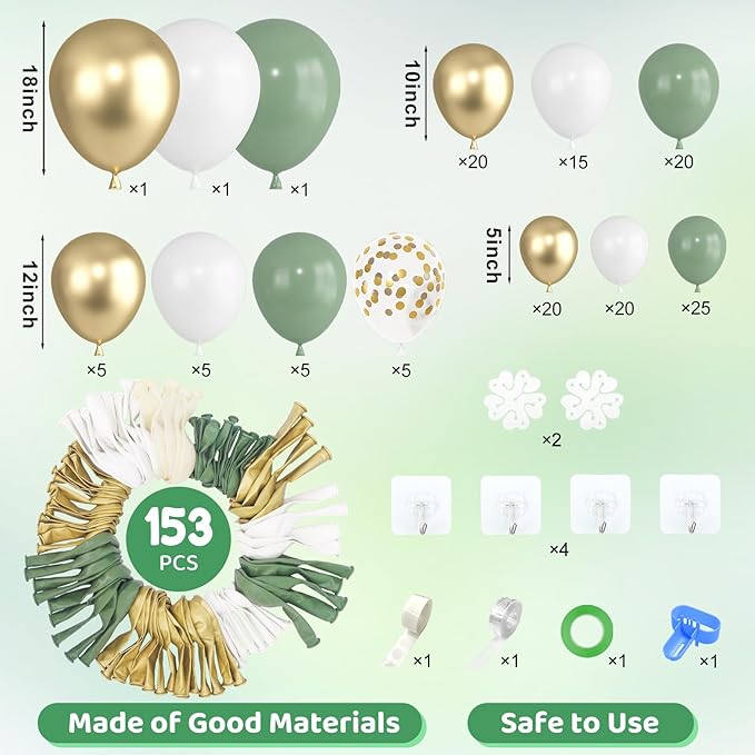 Amandir 153pcs Sage Green Gold Balloon Garland Arch Kit, Different Sizes 18 12 10 5 inch Green White Latex Metallic Confetti Balloons for Birthday Bridal Shower Wedding Bachelorette Decorations