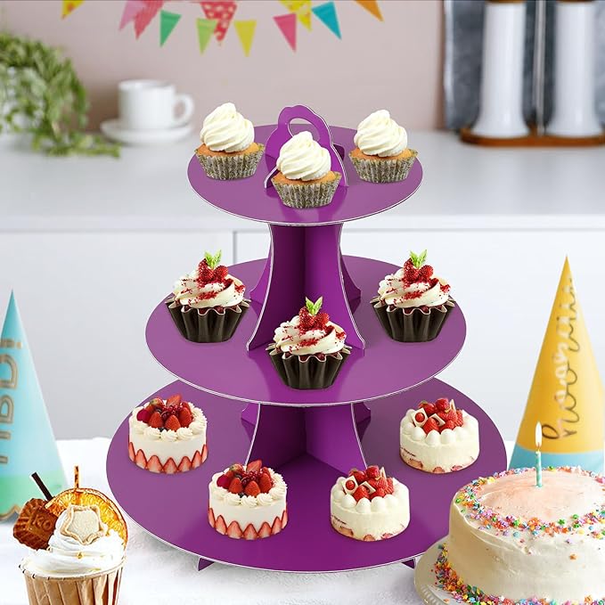 Soleebee 3-Tier Round Cupcake Stand, Cardboard Cupcake Tower, Dessert Cup Cake Stand Tower for Birthday Wedding Party Decoration, Cupcake Tier Stand 2 Set (Purple)