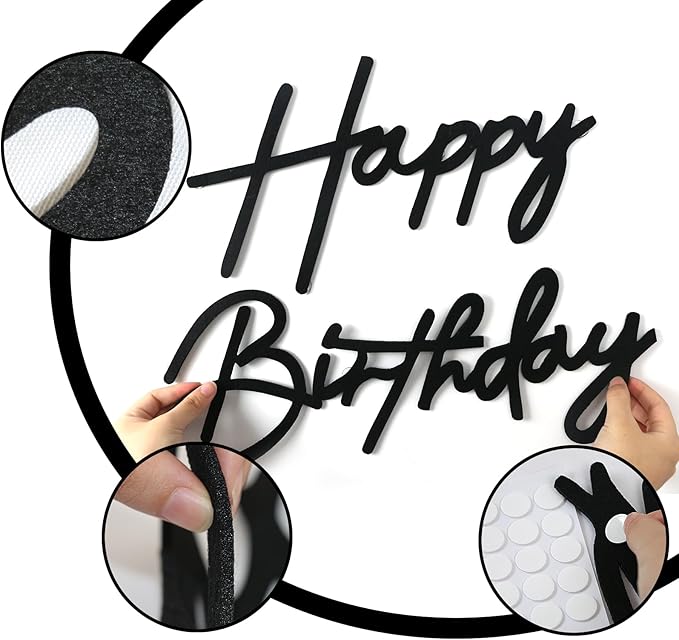 Happy Birthday Sign - Black Felt 'Happy Birthday' Letter Sign for Balloon Arch Backdrop Decorations - 1 Count, Unisex, All Ages, Boys, Girls
