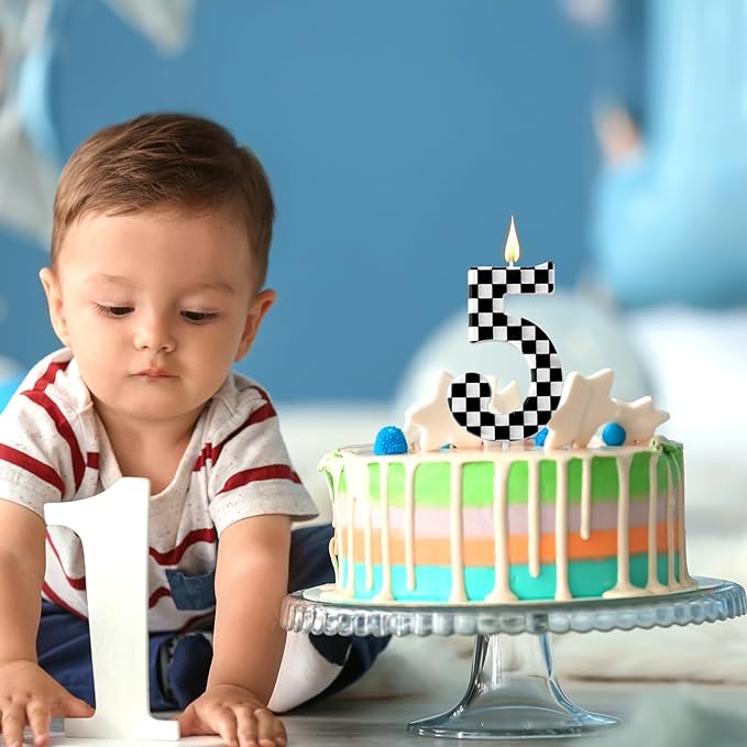Racing Cars Themed Birthday Candle, Checkered Flag Number Candles Black and White Candles Happy Birthday Cake Topper Party Decorations for Boys Racing Cars Themed Party Supplies (Number 5)