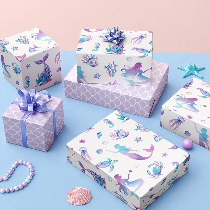 WERNNSAI Mermaid Wrapping Paper - 1 Roll 17”x 33 ft Colorful Mermaid Scale Gift Wrap Purple Princess Gift Wrapping for Girls Birthday Baby Shower Party Favor Reversible Iridescent Scales Design