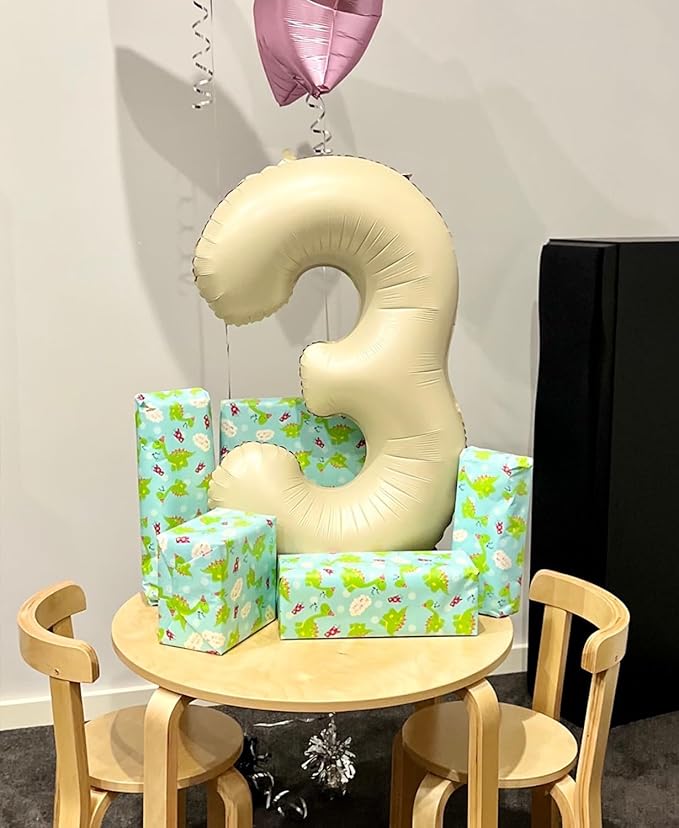 40 Inch Beige Number 3 Balloons for 3rd Birthday Decorations Boys Girl, Giant Self-Sealing Cream Foil Number 0-10 White Sand Balloon for Women Men Party Anniversary Baby Shower Supplies