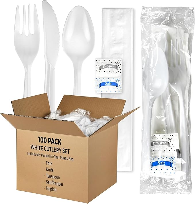 Pack Individually Wrapped Plastic Cutlery Set with Napkin, Salt and Pepper Packets Medium Weight Disposable Silverware Kits for To Go Meals Parties and Catering White, Plastic Silverware Wrapped (100)