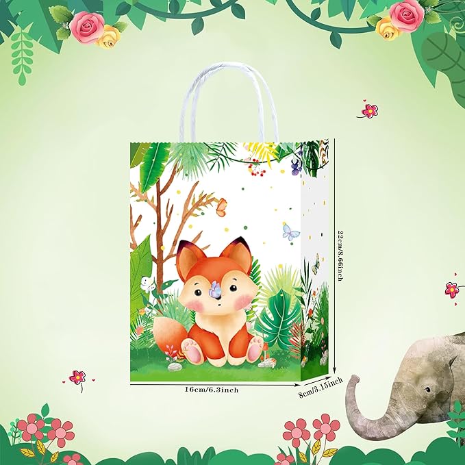 W WINTMING Paper Gift Bags for Birthday 16Pcs Safari Animals Party Favor Bags with Handles Woodland Print Paper Candy Bags Goodie Bags for Wrapping Gifts Jungle Theme Party Supplies
