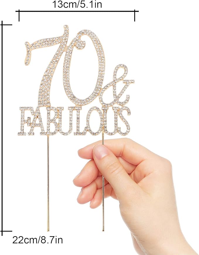 70 & Fabulous Cake Topper 70 Years Birthday Or 70th Wedding Anniversary Gold Crystal Rhinestone Party Decoration