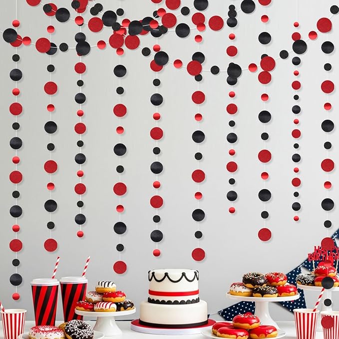 Outus 10 Pieces Black,Red Round Dots Garland Graduation Party Hanging Decor Each Length 13.1ft Glitter Paper Dot Streamers for Birthday Wedding Classroom Supplies