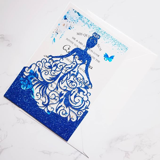 50PCS Blank Quinceanera Invitations, 5 x7.3 Inch Laser Cut Girl Princess Invitation Card Kit with Envelopes for Quinceañera, XV Años, Mis Quince, Birthday Party Sweet 16 (Royal Blue Glitter)