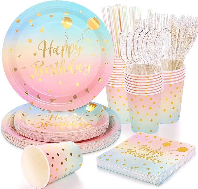 200 Pcs Pastel Party Supplies Birthday Party Plates and Napkins Sets,Disposable Pastel Birthday Plates - Rainbow Paper Plates Napkins Cups for Birthday Baby Shower Party Decorations
