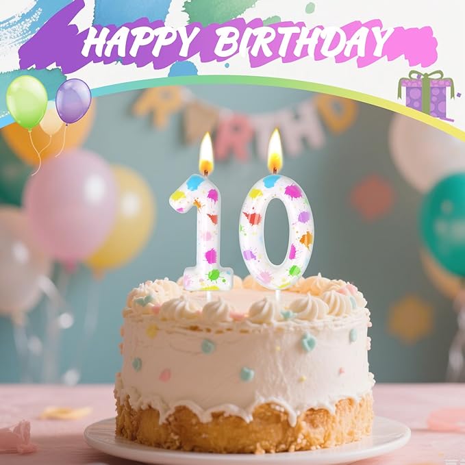 Paint Birthday Candles, Art Paint Party Decoration Supplies, Birthday Number Candles for Cake Topper (Multicolour, Number 10)