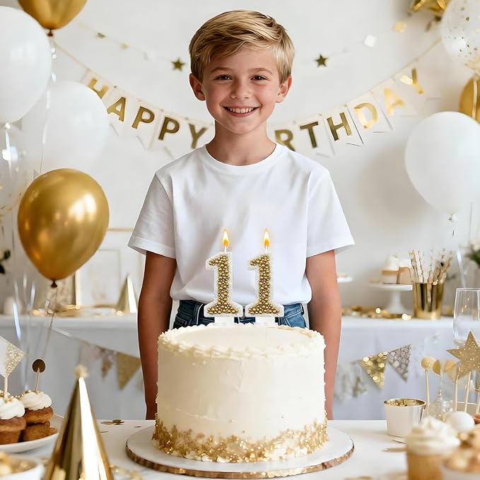 11 Birthday Number Candle for Cake, Glitter Number Candle with Gold Beads, Decorative Cake Topper for Milestone Celebrations