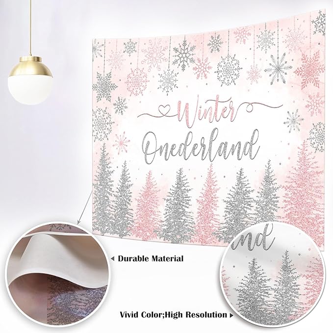 Mocsicka Winter Onederland Backdrop Winter Wonderland First 1st Birthday Party Decoration for Girl Pink Silver Snowflake Christmas Birthday Banner Photo Booth Props (Pink, 7x5ft(82''x60''))