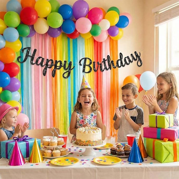 Glitter Happy Birthday Banner Sign,Reusable Birthday Party Decorations, DIY Party Supplies for Women Men Boys Girls,Celebration Decor Garland Wall Backdrop Banners (Black)