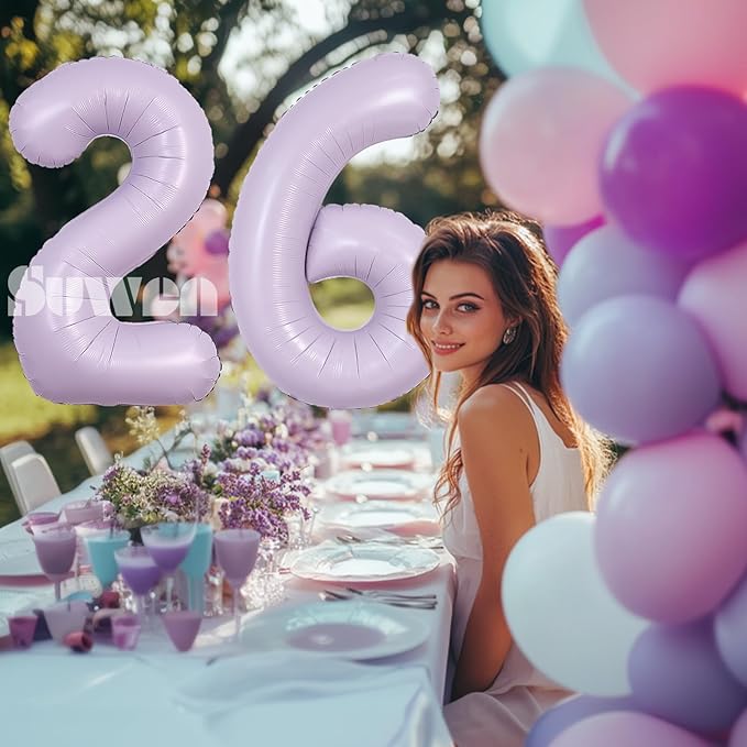 SUWEN 40 Inch Light Purple Large 26 Balloon Number Big Foil Helium Lavender Number Balloons Huge Mylar 0-9 Giant Jumbo Happy 26th Birthday Party Anniversary Decorations
