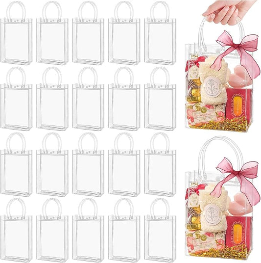 Jutieuo 24 PCS Clear Gift Bags with Handles, 5.9 x 7.9 x 2.8 Inches Reusable Plastic Goodie Bag Transparent Party Favor Bags Bulk for Weddings Birthdays Events, Classrooms & Celebrations