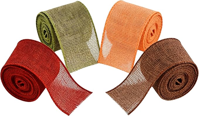 Meseey 1.5 Inch Fall Burlap Wired Ribbon Set, 4 Rolls Total 20 Yards Sage Green/Orange/Burgundy/Brown Solid Wired Edge Ribbons for Big Bows, Wreaths, Thanksgiving & Halloween Decor(FPR019)