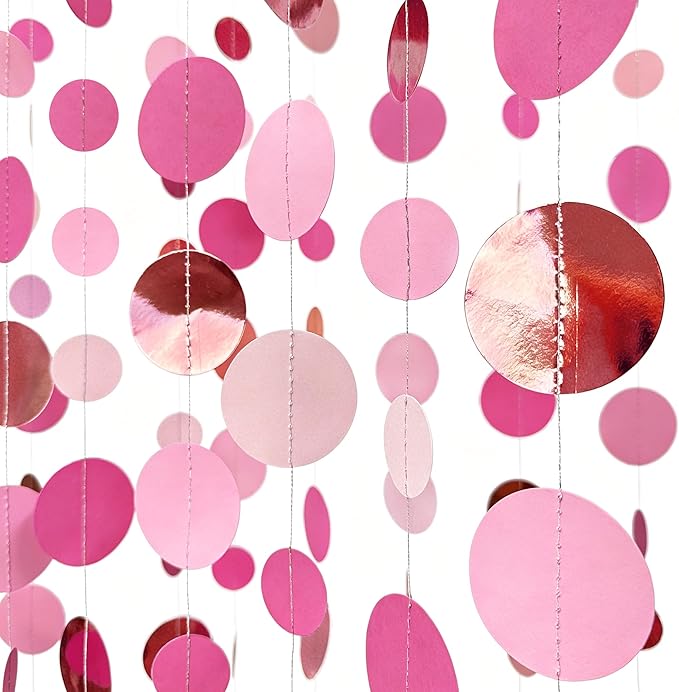 Hot Pink Rose Gold Party Decorations Circle Dots Garland Hanging Polka Dot Streamer for Girls Birthday Bachelorette Baby Shower Wedding Bridal Shower Anniversary Hen Party Supplies
