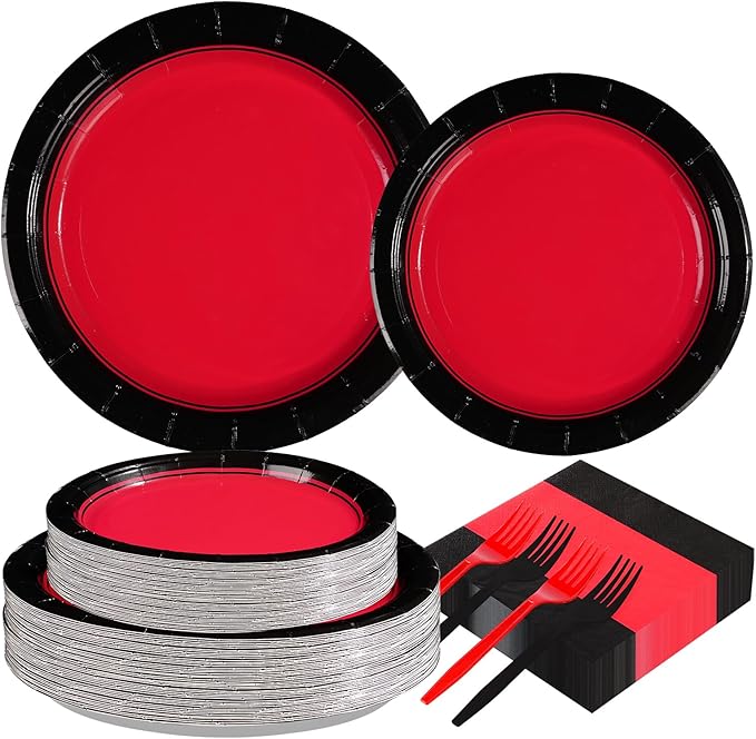 Grencian 200Pcs Red and Black Party Decorations Graduation Red and Black Plates and Napkins Disposable Stranger Tableware Set for Congrats Grad Fiesta Holiday Birthday Wedding Party Supplies Serves 50