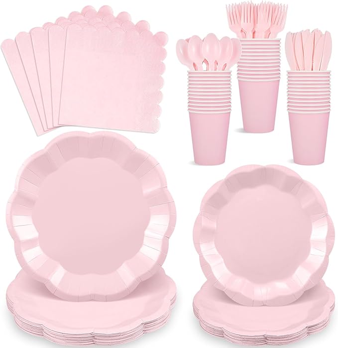 NatNarr 175 Pcs Pink Paper Plates and Napkins Set Include 9" Dinner Plates, 7" Dessert Plate Disposable Scalloped Tableware Serve 25 Guest for Wedding Baby Shower Bridal Shower Birthday