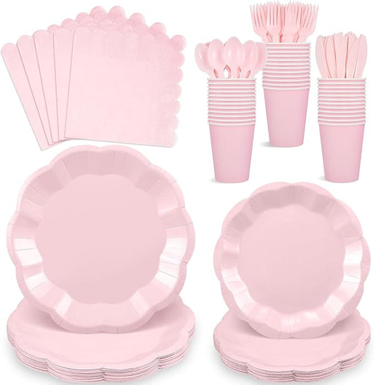 NatNarr 175 Pcs Pink Paper Plates and Napkins Set Include 9" Dinner Plates, 7" Dessert Plate Disposable Scalloped Tableware Serve 25 Guest for Wedding Baby Shower Bridal Shower Birthday