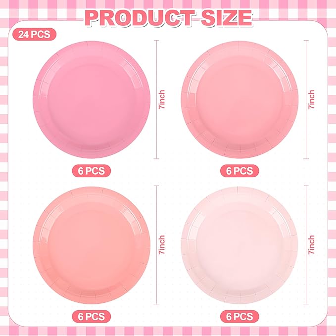 AimFun Pink Paper Plates Gradient Pink Party Plates 7”Disposable Round Dessert Plates for Birthday Wedding Bridal Engagement Baby Shower Party Supplies 4 Colors (24)