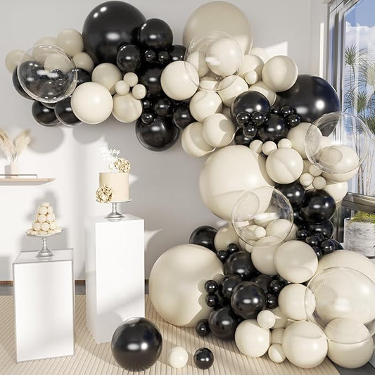 White Sand Black Balloons Arch Kit with Bobo Balloon, 151Pcs Latex Balloons Garland 18 12 10 5 inch for Birthday Wedding Bridal Shower Bachelorette Anniversary Party Decorations