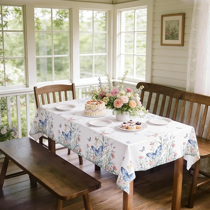 2Pcs Spring Floral Tablecloth 54 x 108 Inch Disposable Plastic Table Cover, Wildflower Butterfly Garden Party Decorations Waterproof Tablecloth for Birthday Baby Shower Bridal Shower Picnic Supplies