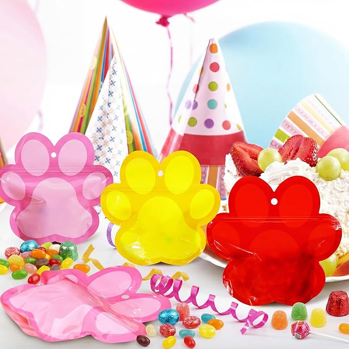 Resurhang 60 Pcs Dog Paw Zipper Treat Bags Red Pink Yellow Food Goodie Gifts Bags Resealable Puppy Themed Party Snack Candy Containers for Kids Birthday Baby Shower Pet Dog Supplies