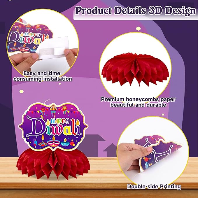 JULMELON 8PCS Diwali Party Decorations Honeycomb Centerpiece, 3D Double Sided Happy Diwali Centerpiece Table Decorations Table Toppers for Home Indian Diwali Festival of Lights Party Favors Supplies