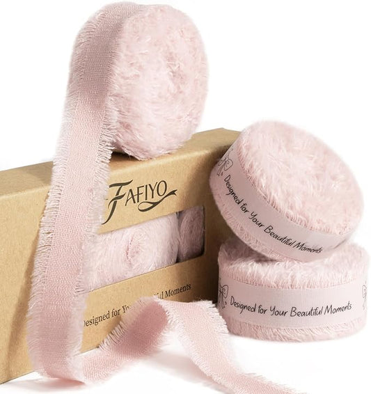 Pink Cotton Ribbon 5/8 Inch Pink 3 Rolls 21 Yards Frayed Edge Fabric Set for Bridal Shower, Baby Shower, Wedding Invitations, Birthday Party & Gift Wrapping
