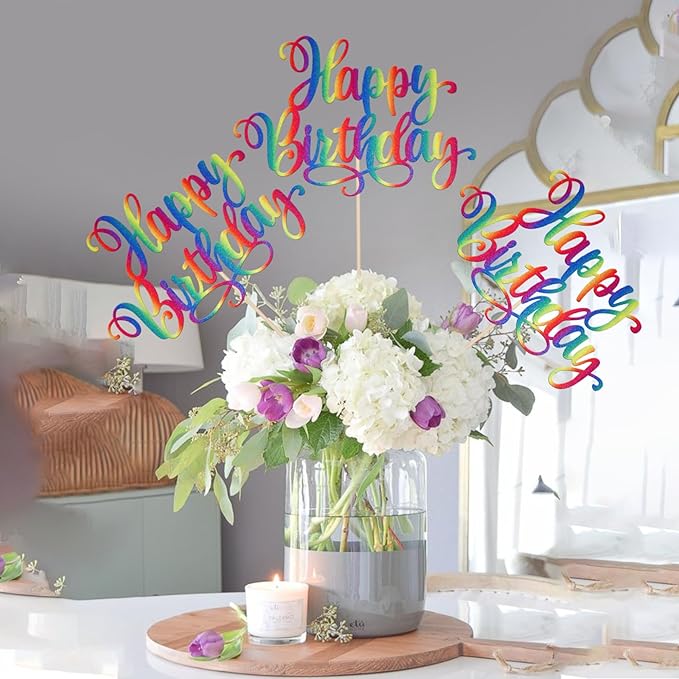 12 PCS Happy Birthday Centerpieces Sticks Double Sided Glitter Birthday Party Decorations Anniversary Table Flower Centerpiece for Celebrating Birthday Party Centerpieces Supplies Colorful