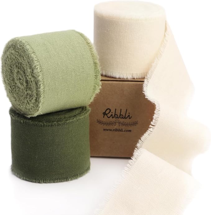 Ribbli 3 Rolls Green Ribbon 1.5 Inch x 18Yards Ivory Sage Moss Handmade Cotton Frayed Fringe Ribbons for Gift Wrapping Wedding Invites Bridal Bouquets Baby Shower DIY Crafts Home Decor
