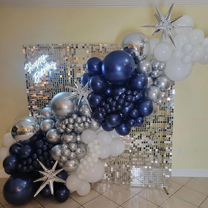 Blue and Silver Balloons Arch Garland Kit, 134pcs Navy Blue and Silver Balloons with Different Size for Birthday Party Baby Shower Graduation Class of 2026 Prom Decorations