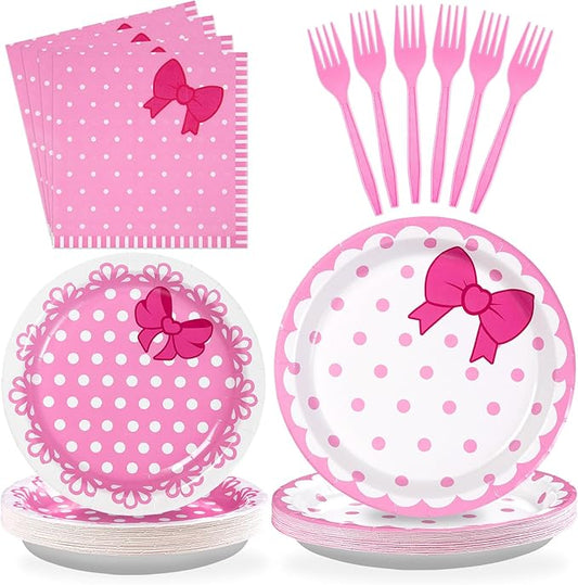 Grencian 96Pcs Pink Cat Party Decorations Pink Bow Cat Plates and Napkins Disposable Cute Cats Paper Tableware Set for Girls Baby Bridal Shower Birthday Wedding Party Supplies, Serves 24