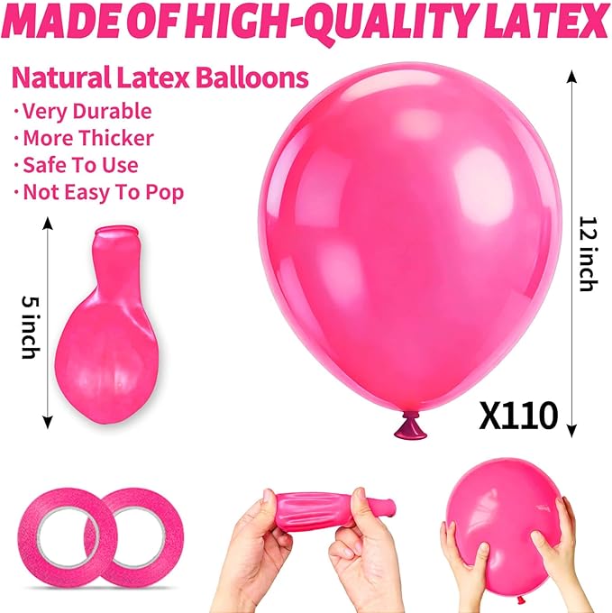 110pcs Hot Pink Balloon 12 inch, Hot Pink Latex Balloons for Birthday Party Baby Shower Wedding(with 2 Ribbons).