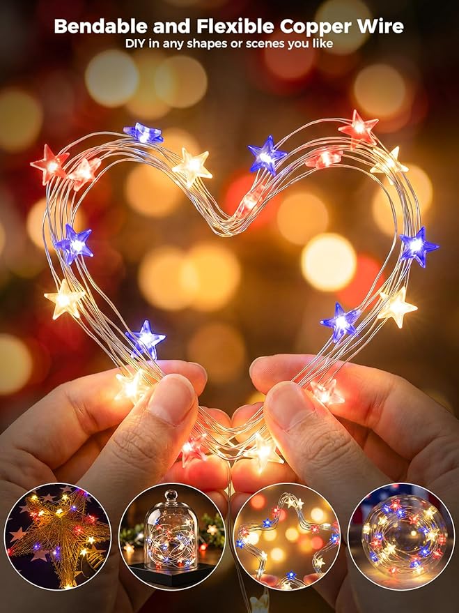 6 Packs 6.6ft 20 LEDs Star Fairy Lights Battery Operated,4th of July Decorations Mini Star String Lights,Waterproof Twinkle Starry Light for Independence Day Memorial Day,Red White and Blue