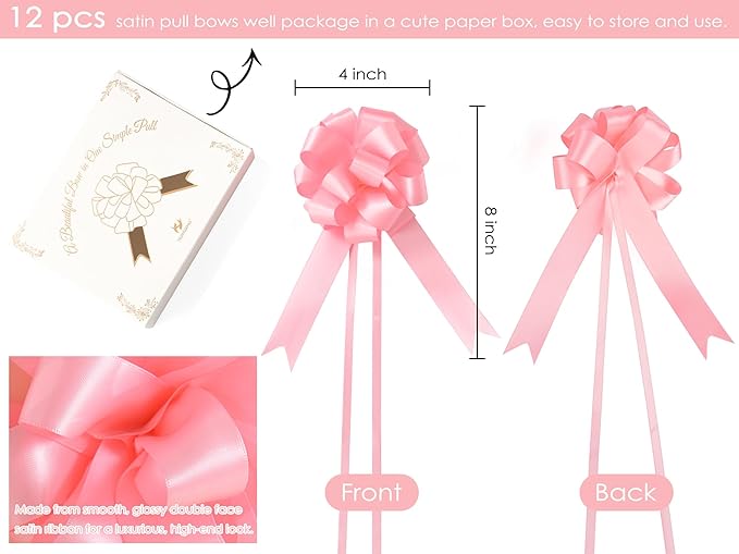 HUIHUANG Pink Bows for Gift Wrapping 12 PCS Pull Bows 4" x 8" Satin Gift Bow for Presents, Gift Basket, Paper Bag, Baby Shower Favors, Wrapping Accessories, Wedding Christmas Decor