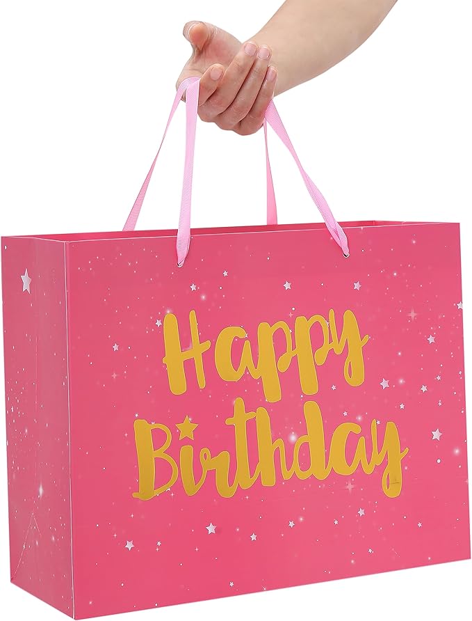 Qirrmiy 13" Large Pink Gift Bag Set with Greeting Card and Tissue Papers (Stars and Gold Foil ‘Happy Birthday’) for Women's Party, Girls' or Kids' Birthday Parties, Baby Girl, 13”x5.2”x10.2”, 1 Pcs.