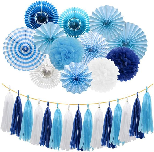 Blue Party Decorations Hanging Paper Fans Pom Poms Flowers Tissue Tassel Garland for Elephant Shark Theme Kids Birthday Baby Shower Graduation
