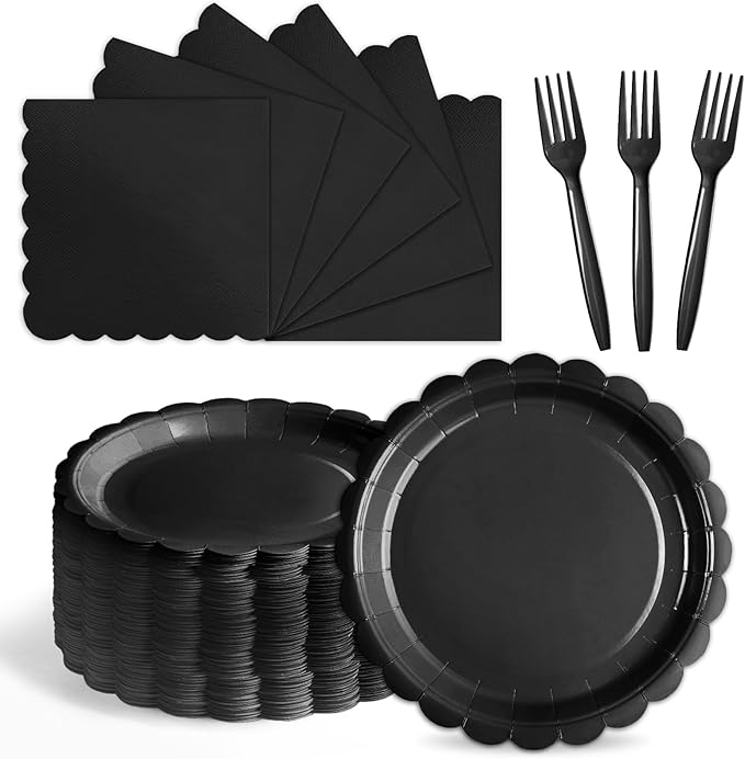 105PCS Paper Plates and Napkins Set, 7 Inch Scalloped Disposable Tableware with Forks for Birthdays, Garden Parties & Outdoor Events, Serves 35 (Black)