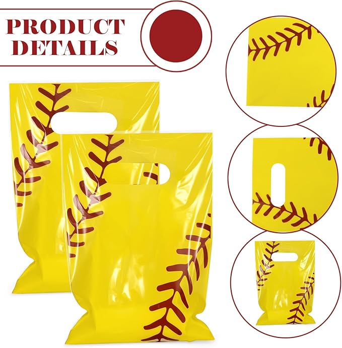 Hxezoc 50 Pieces Softball Gift Bags with Handle, Plastic Treat Candy Bag Sport Favor Bags For Kids Birthday Party Decoration Supplies (Yellow)