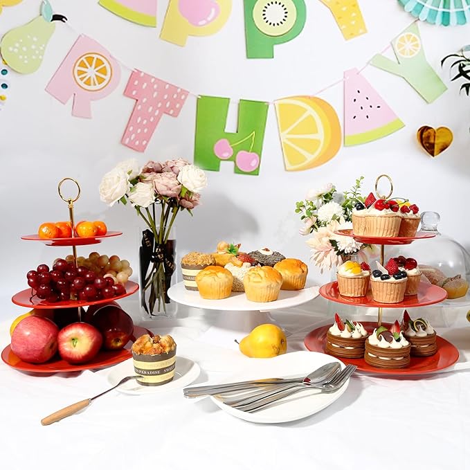 TP 3-Tier Cupcake Stands Melamine Dessert Stands Fruit Candy Display Tower for Wedding Birthday Tea Party and Baby Shower (2Pcs-Red)