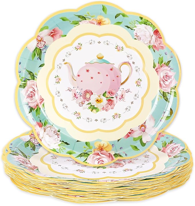 Whaline Spring Vintage Floral Paper Plates 9 Inch Tea Party Teapot Flower Disposable Salad Dessert Plates for Summer Birthday Wedding Baby Bride Shower Tableware Supplies 40Pcs