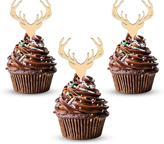 AUMIO Wooden Deer Cupcake Toppers Antler Cake Picks Wedding Baby Shower Birthday Hunting Rustic Country Party Cake Decoration Supplies 24 Counts