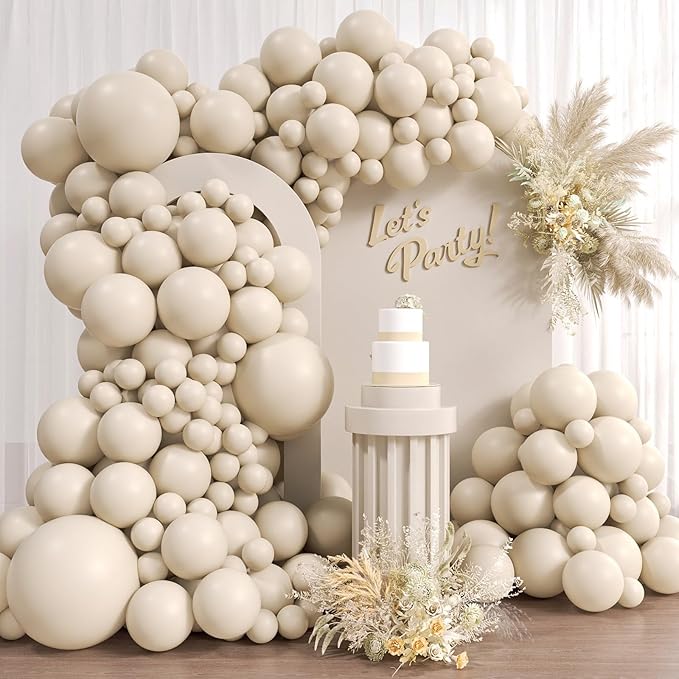 Awenztech 110pcs White Sand Cream Balloon Arch Garland Kit, 18 12 10 5 inch Ivory Beige Balloons Different Sizes for Birthday Party Decorations