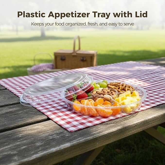 12 Pcs Plastic Appetizer Trays with Lid, Clear Disposable Round Serving Platters, 6-Compartment Divided Snack Fruit Plates with Dome Covers for Parties, Buffets, Picnics