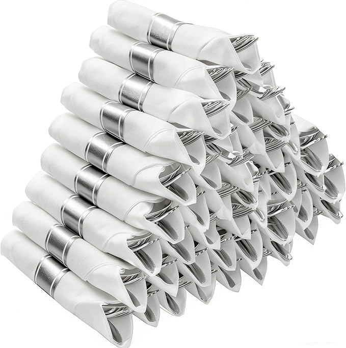BESTVIP 50 Pack Pre Rolled Silver Plastic Silverware Set, Disposable Wrapped Cutlery Set with 50 Napkins, 50 Knives, 50 Forks and 50 Spoons for Party, Birthday