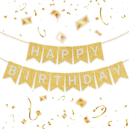 Gold Happy Birthday Banner - 16 ft Pre-Strung Gold Birthday Party Decorations Sign for Girls, Boys, Kids, Women - No DIY Hanging Backdrop for Indoor & Outdoor Celebrations