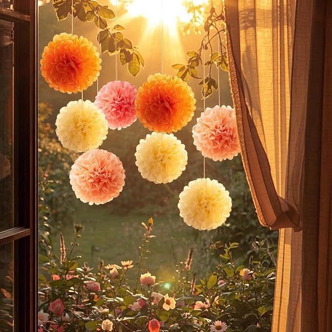 15Pcs Tissue Pom Poms Pink Orange Paper Flowers Hanging Decorations Orange Pink Flower Ball for Baby Shower Wedding Nursery Birthday Party Backdrop Home Outdoor